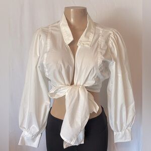 White Puff Sleeve Tie-Front Blouse